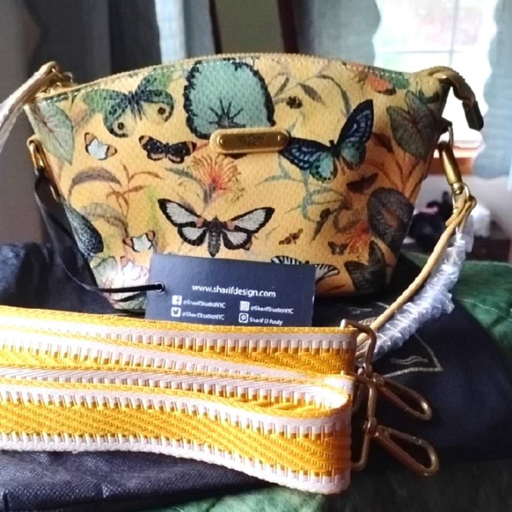 NWT SHARIF BUTTERFLY EMBOSSED LEATHER CROSSBODY BAG WITH ADJUSTABLE GUITAR STRAP